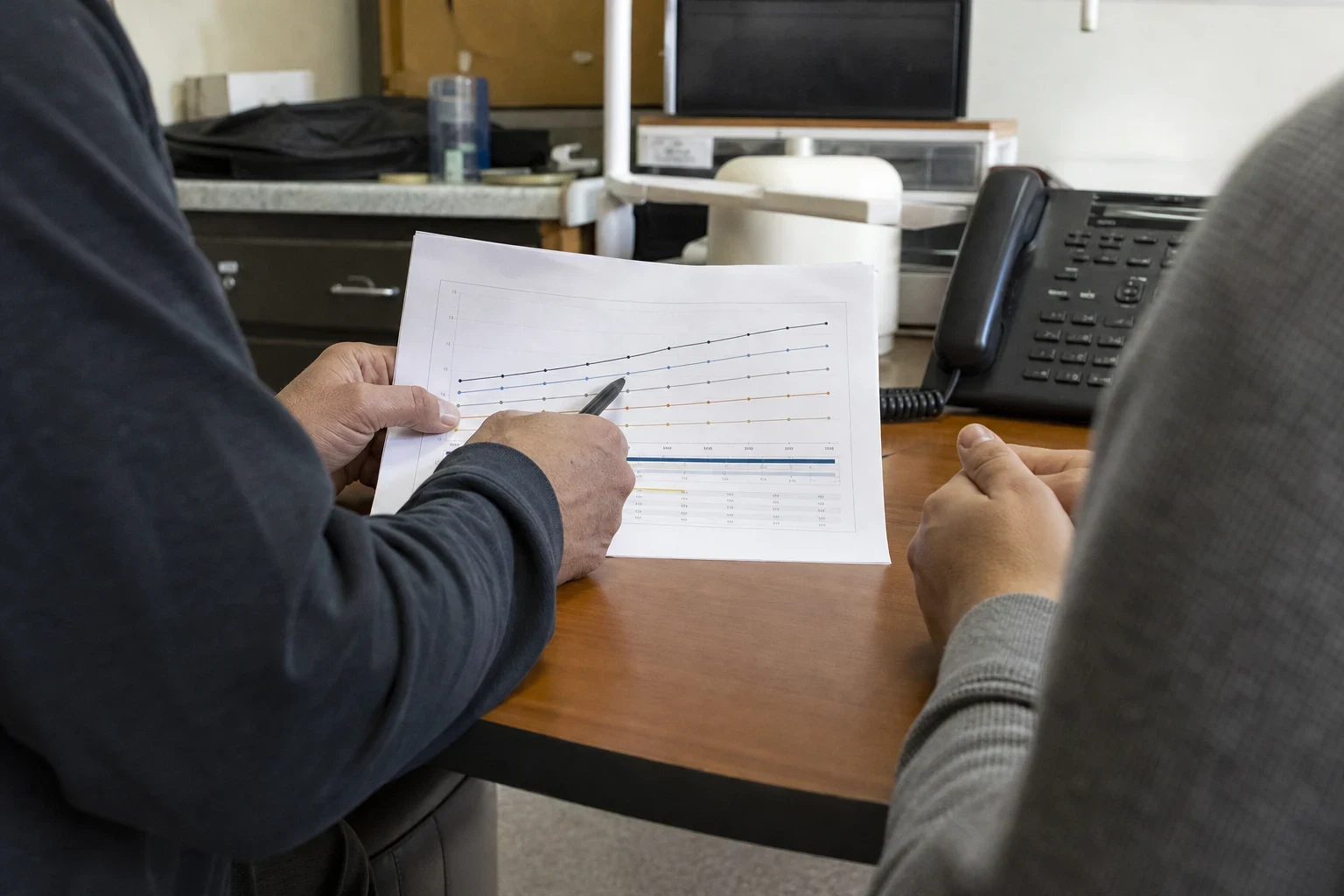Agent's hand pointing a pen at a printed line chart with a table of figures on a wooden office desk beside a desk phone, as a client looks on