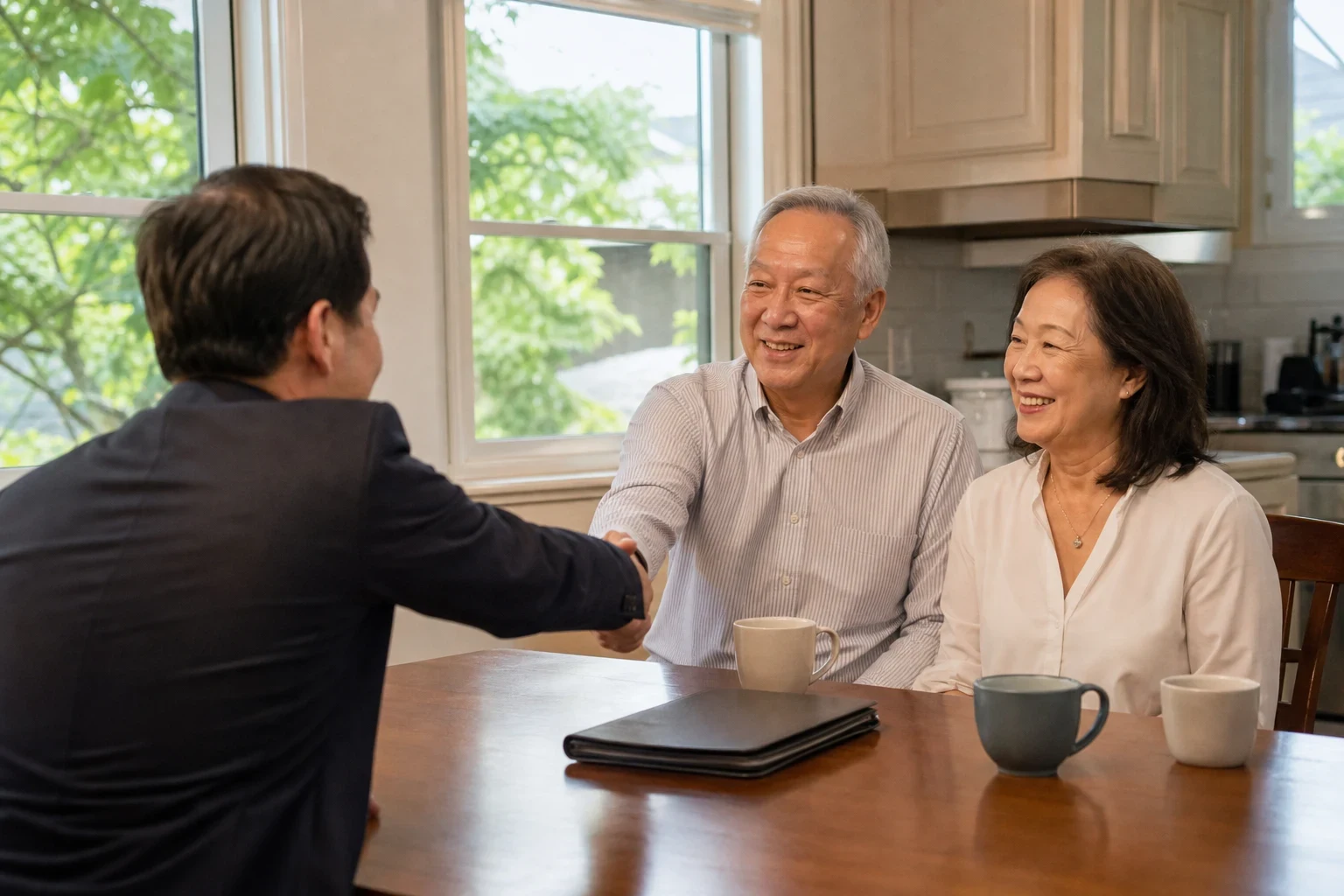 Agent in a dark suit shakes hands with a smiling older couple at a wooden kitchen table with coffee mugs and a closed black folder, trees visible through windows